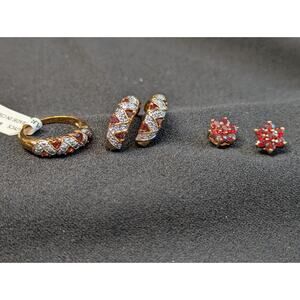 Red Garnet Set Gold Tone Ring Sz 7.5 Pierced Earrings Set 2 January Birth Stone